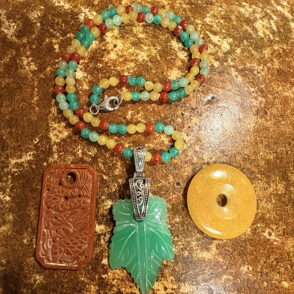 Sterling Silver & Multi Color Jadeite Necklace & 3 Jadeite Pendant Set by GSI